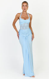 Melville Maxi Dress - Lace Bodice Draped Front Halter Dress in Blue