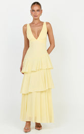 Beryl Midi Dress - Deep V Neck Sleeveless Layered Dress in Lemon