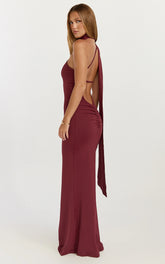 Seraphine Maxi Dress - Halter Neck Low Back Fit And Flare Dress in Wine