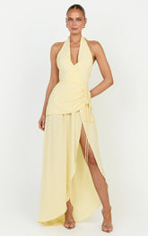 Reef Midi Dress - Plunge Halter Neck Ruched Waist Dress in Lemon