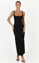 Celestine Midi Dress - Adjustable Strap Structured Dress in Black