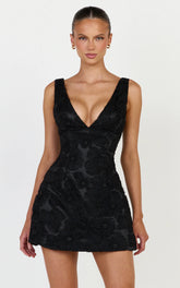 Lima Mini Dress - Plunge Neck Floral Embellished A Line Dress in Black