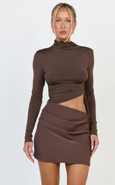 Tallulah Mini Dress - High Neck Side Ruched Cut Out Dress in Chocolate
