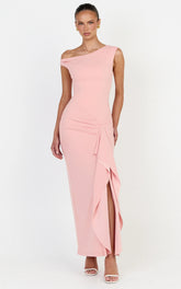 Alba Maxi Dress - Off Shoulder Waterfall Sash Dress in Pink