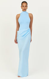 Elodie Maxi Dress - High Neck Draped Overlay Dress in Light Blue