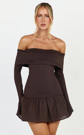 Remi Mini Dress - shoulder Long Sleeve Dropped Waist Mini Dress in Chocolate