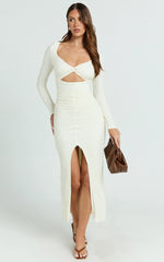 Delaney Midi Dress - Long Sleeve Twist Front Bodycon Dress in Cream