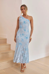 Waving Hello One Shoulder Maxi Dress Light Blue