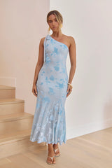 Waving Hello One Shoulder Maxi Dress Light Blue