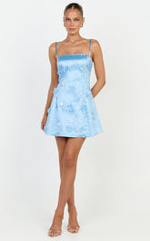 Vienna Mini Dress - Sleeveless Embellished Tulip Skirt Dress in Blue