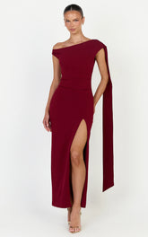 Cosette Midi Dress - Asymmetric Neckline Draped Shoulder Sash Dress in Wine