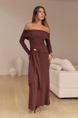The Getaway Edit Off Shoulder Maxi Dress Chocolate