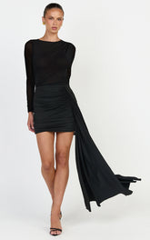 Jasmine Mini Dress - Long Sleeve Draped Skirt Overlay Dress in Black