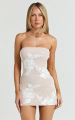 Shelby Mini Dress - Strapless Rosette Bodycon Dress in White