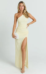 Georgia Maxi Dress - Mesh One Shoulder Ruched Bodycon Dress in Lemon