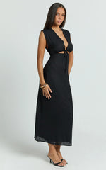 Beatrice Midi Dress - Plunge Neck Tie Cut Out Front Dress in Black
