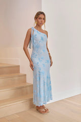 Waving Hello One Shoulder Maxi Dress Light Blue